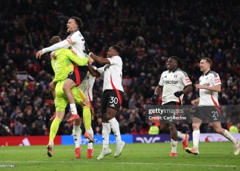 Bernd Leno  celebrates with team mates Harrison Reed, Antonee Robinson, Calvin Bassey, Ryan Sessegnon and Timothy Castagne after saving two penalties in the penalty shoot out (Photo by Carl Recine/Getty Images)