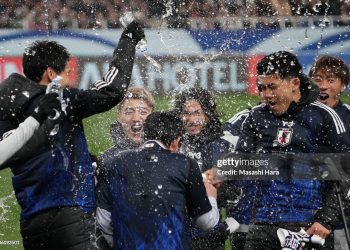 Players of Japan celebrate after the FIFA World Cup Asian qualifier Group C match between Japan and Bahrain at Saitama Stadium on March 20, 2025 in Saitama, Japan. (Photo by Masashi Hara/Getty Images)