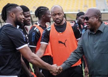 Jordan Ayew (middle) introduce Antoine Semenyo (left) to President John Mahama  at Black Stars training session Photo Courtesy: GFA