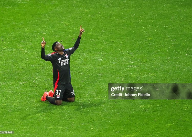 Ernest NUAMAH of Lyon celebrates his goal during Ligue 1 McDonald's match (Photo by Johnny Fidelin/Icon Sport via Getty Images)