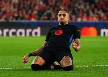 Raphinha celebrates goal against Benfica Photo Courtesy: Getty Images