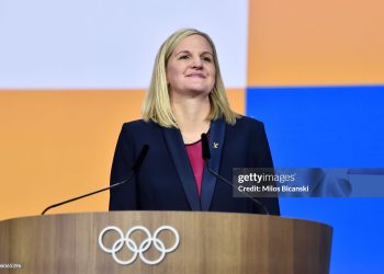 Kirsty Coventry reacts as she delivers a speech after being elected as the new IOC President(Photo by Milos Bicanski/Getty Images)