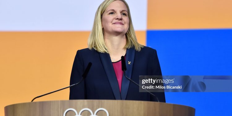 Kirsty Coventry reacts as she delivers a speech after being elected as the new IOC President(Photo by Milos Bicanski/Getty Images)