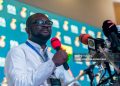 Newly elected President of Ghana Football Association (GFA) Kurt Okraku gives a speech after the GFA president's election at the Physicians and Surgeons Centre in Accra on October 25, 2019. - The position of GFA's president has been vacant since the corruption scandal that erupted on June 2018 where various members of the organisation were caught taking bribes on a special documentary by the investigative Ghanaian journalist, Anas Aremeyaw Anas. (Photo by CRISTINA ALDEHUELA / AFP) (Photo by CRISTINA ALDEHUELA/AFP via Getty Images)