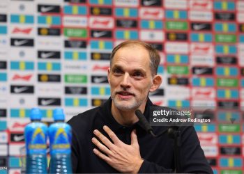 Thomas Tuchel, England's head coach, attends a press conference (Photo by Andrew Redington/Getty Images)