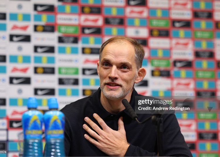 Thomas Tuchel, England's head coach, attends a press conference (Photo by Andrew Redington/Getty Images)