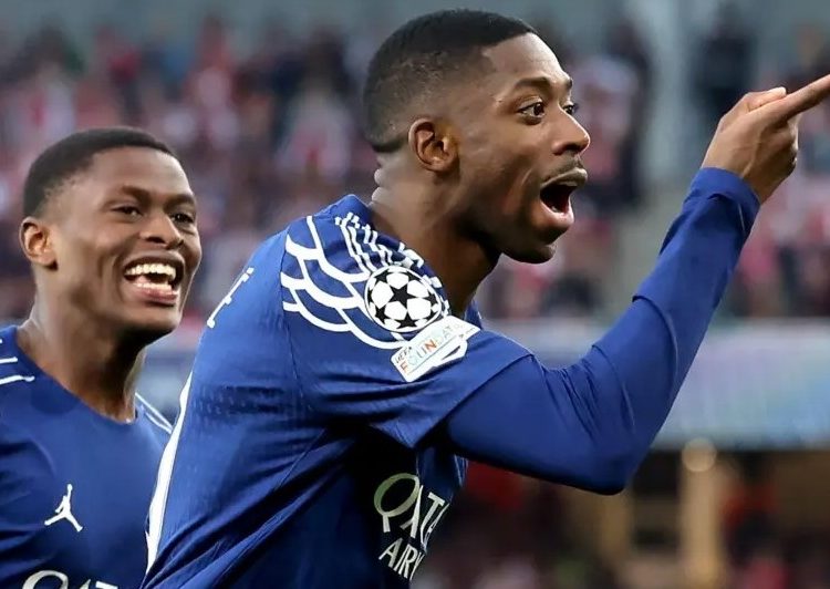 Ousmane Dembele celebrates goal against Arsenal Photo Courtesy: Getty Images