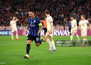 Lautaro Martinez of FC Internazionale celebrates scoring goal (Photo by Alex Grimm/Getty Images)