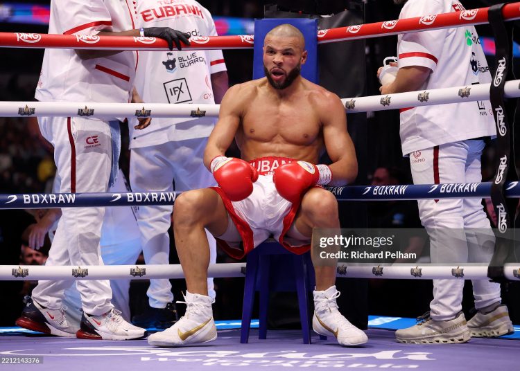 Chris Eubank Jr looks on from his corner between rounds during the Middleweight fight between Chris Eubank Jr and Conor Benn (Photo by Richard Pelham/Getty Images)
