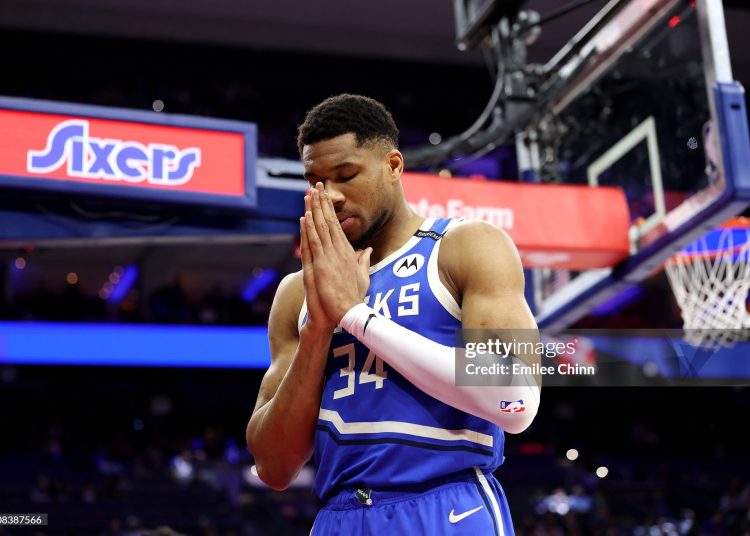 PHILADELPHIA, PENNSYLVANIA - APRIL 03: Giannis Antetokounmpo #34 of the Milwaukee Bucks takes a moment prior to a game against the Philadelphia 76ers at the Wells Fargo Center on April 03, 2025 in Philadelphia, Pennsylvania. NOTE TO USER: User expressly acknowledges and agrees that, by downloading and or using this photograph, User is consenting to the terms and conditions of the Getty Images License Agreement. (Photo by Emilee Chinn/Getty Images)