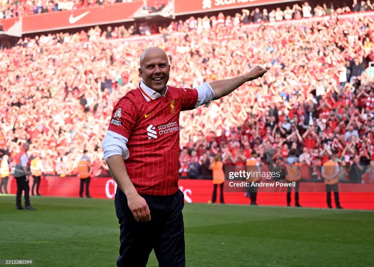 Arne Slot head coach of Liverpool celebrating after being named Champions of the Premier League (Photo by Andrew Powell/Liverpool FC via Getty Images)