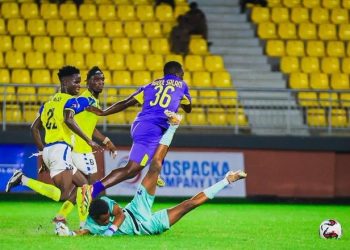 Shot from Medeama (blue)-Young Apostles game Photo Courtesy: Medeama SC
