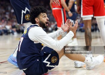 Jamal Murray #27 of the Denver Nuggets reacts during the second quarter against the Los Angeles Clippers (Photo by Matthew Stockman/Getty Images)
