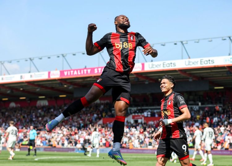 Antoine Semenyo celebrates goal against Man United Photo Courtesy: Bournemouth