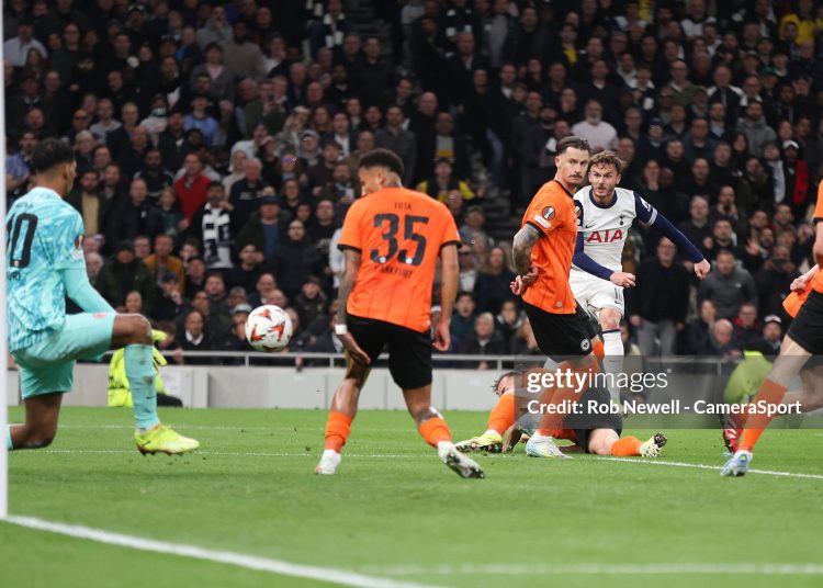 Tottenham Hotspur's James Maddison sees his second half shot saved by Kaua Santos during the UEFA Europa League 2024/25 Quarter Final First Leg match ondon, England. (Photo by Rob Newell - CameraSport via Getty Images)