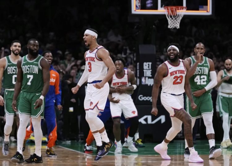 New York Knicks celebrate win over Boston Celtics in Game 2 of Playoffs Photo Courtesy: AP