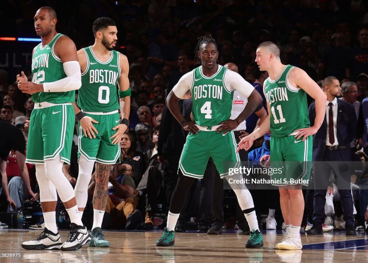 Al Horford #42, Jayson Tatum #0, Jrue Holiday #4 and Payton Pritchard #11 of the Boston Celtics (Photo by Nathaniel S. Butler/NBAE via Getty Images)