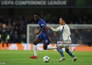 Tyrique George of Chelsea runs with the ball whilst under pressure from Keita Kosugi of Djurgaarden (Photo by Chris Lee - Chelsea FC/Chelsea FC via Getty Images)