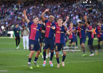 Fermin Lopez, Lamine Yamal and Gavi of FC Barcelona celebrates after the teams 4-3 victory (Photo by David Ramos/Getty Images)