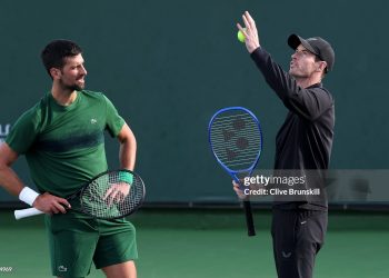 Novak Djokovic of Serbia and his coach Andy Murray (Photo by Clive Brunskill/Getty Images)