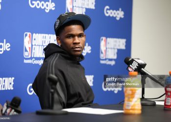 Anthony Edwards #5 of the Minnesota Timberwolves talks to the media after the game against the Oklahoma City Thinder (Photo by David Sherman/NBAE via Getty Images)