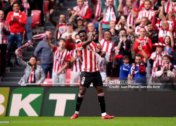 Inaki Williams of Athletic Club celebrates scoring his team's first goal during the LaLiga match between Athletic Club and UD Las Palmas at Estadio de San Mames on April 23, 2025 in Bilbao, Spain. (Photo by Juan Manuel Serrano Arce/Getty Images)