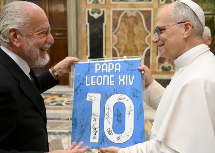 Napoli Owner Aurelio De Laurentis presents gift to Pope Leo XIV Photo Courtesy: Getty Images