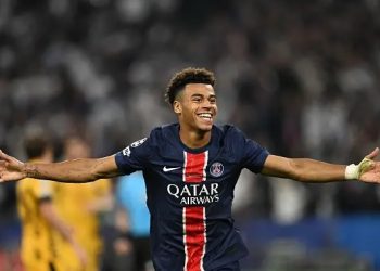 Desire Doue celebrates after scoring second goal against Inter Milan Photo Courtesy: Getty Images