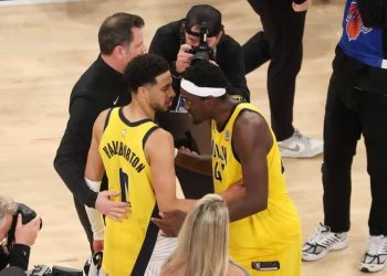 Tyrese Haliburton, Pascal Siakam embrace after Game 2 win over New York Knicks Photo Courtesy:  Imagn Images
