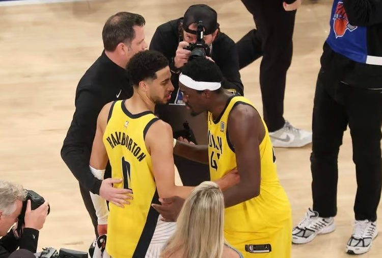 Tyrese Haliburton, Pascal Siakam embrace after Game 2 win over New York Knicks Photo Courtesy:  Imagn Images