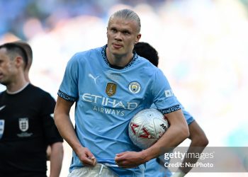Erling Haaland (9 Manchester City) holds the match ball during FA Cup Final (Photo by Kevin Hodgson | MI News/NurPhoto via Getty Images)