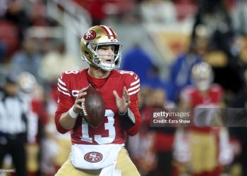 Brock Purdy #13 of the San Francisco 49ers passes the ball  (Photo by Ezra Shaw/Getty Images)