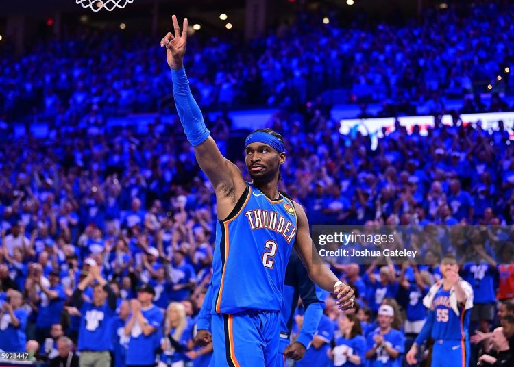 Shai Gilgeous-Alexander #2 of the Oklahoma City Thunder gestures to the crowd (Photo by Joshua Gateley/Getty Images)