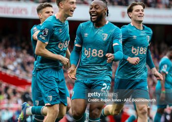 Dean Huijsen of Bournemouth celebrates after scoring to make it 1-1 with team-mates Milos Kerkez, Antoine Semenyo and Alex Scott (Photo by Robin Jones- AFC Bournemouth via Getty Images)