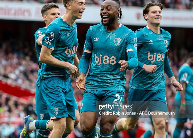 Dean Huijsen of Bournemouth celebrates after scoring to make it 1-1 with team-mates Milos Kerkez, Antoine Semenyo and Alex Scott (Photo by Robin Jones- AFC Bournemouth via Getty Images)