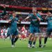Dean Huijsen of AFC Bournemouth celebrates scoring his team's first goal with Antoine Semenyo (extreme left) and teammates (Photo by Ryan Pierse/Getty Images)