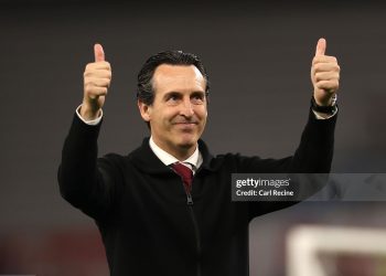 Unai Emery, Manager of Aston Villa, acknowledges the fans (Photo by Carl Recine/Getty Images)