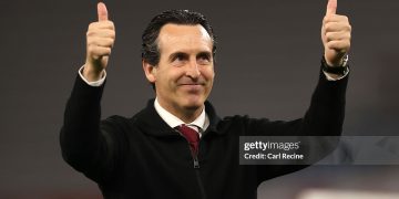 Unai Emery, Manager of Aston Villa, acknowledges the fans (Photo by Carl Recine/Getty Images)