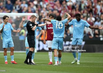 : Referee Samuel Barrott confirms Nottingham Forest's second goal (Photo by Steve Bardens/Getty Images)