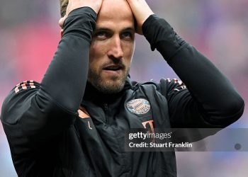 Harry Kane of Bayern Munich looks dejected after the Bundesliga match between RB Leipzig and FC Bayern München at Red Bull Arena on May 03, 2025 in Leipzig, Germany. (Photo by Stuart Franklin/Getty Images)