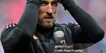 Harry Kane of Bayern Munich looks dejected after the Bundesliga match between RB Leipzig and FC Bayern München at Red Bull Arena on May 03, 2025 in Leipzig, Germany. (Photo by Stuart Franklin/Getty Images)