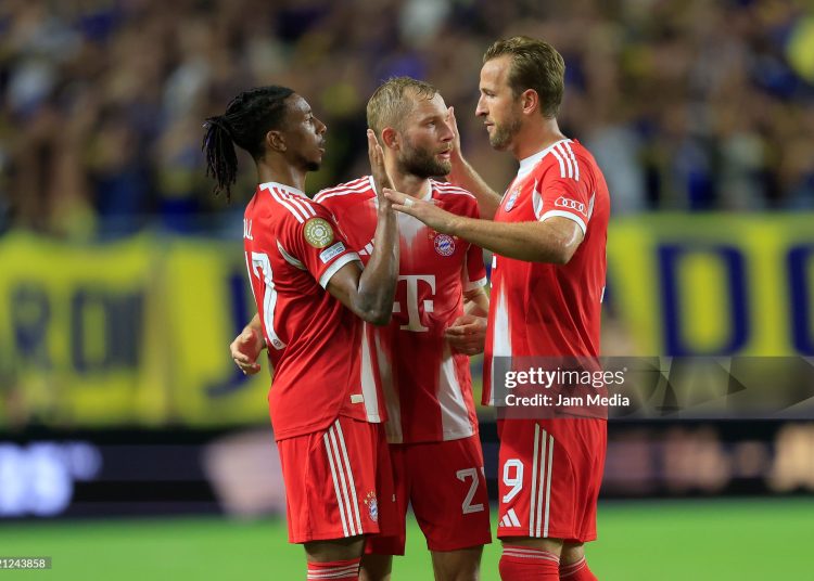 Michael Olise (L),  Konrad Laimer (C) and Harry Kane (R) of FC Bayern Munchen celebrate after winning the FIFA Club World Cup 2025 (Photo by Hugo Rivera/Jam Media/Getty Images)