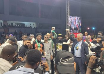 Andrew Tabiti celebrating the win after winning bout during Battle of the Beasts Boxing Event Photo Courtesy: Fight Talk Africa