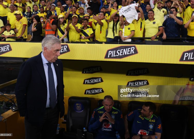 Carlo Ancelotti, Head Coach of Brazil looks on (Photo by Franklin Jacome/Getty Images)