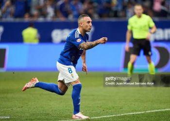 Santi Cazorla of Real Oviedo celebrates after scoring goal during the LaLiga Hypermotion Play Off FInal 2nd Leg (Photo by Juan Manuel Serrano Arce/Getty Images)