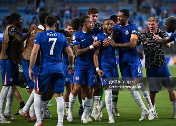 Christopher Nkunku #18 of Chelsea FC celebrates scoring his team's second goal with teammates during the FIFA Club World Cup 2025 (Photo by Darren Walsh/Chelsea FC via Getty Images)