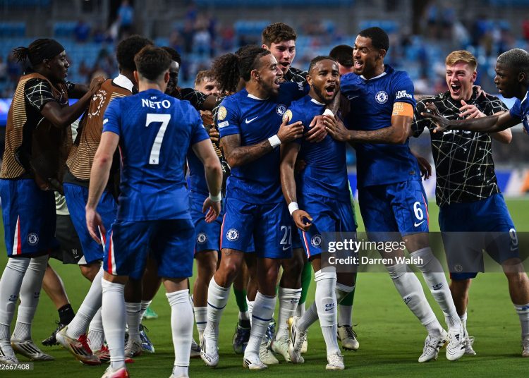 Christopher Nkunku #18 of Chelsea FC celebrates scoring his team's second goal with teammates during the FIFA Club World Cup 2025 (Photo by Darren Walsh/Chelsea FC via Getty Images)