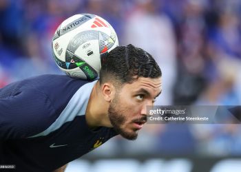 Rayan Cherki #25 of France warms up before the UEFA Nations League 2025 semifinal match(Photo by Catherine Steenkeste/Getty Images)