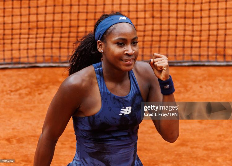 Coco Gauff of the United States celebrates her victory over Ekaterina Alexandrova of Russia in the fourth round of the women's singles at Roland Garros (Photo by Frey/TPN/Getty Images)