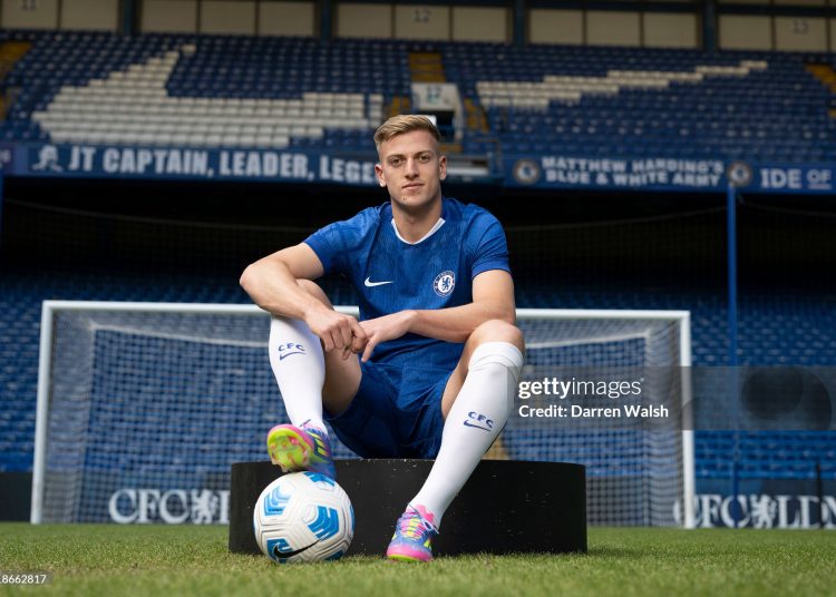 Liam Delap of Chelsea poses for a photo (Photo by Darren Walsh/Chelsea FC via Getty Images)